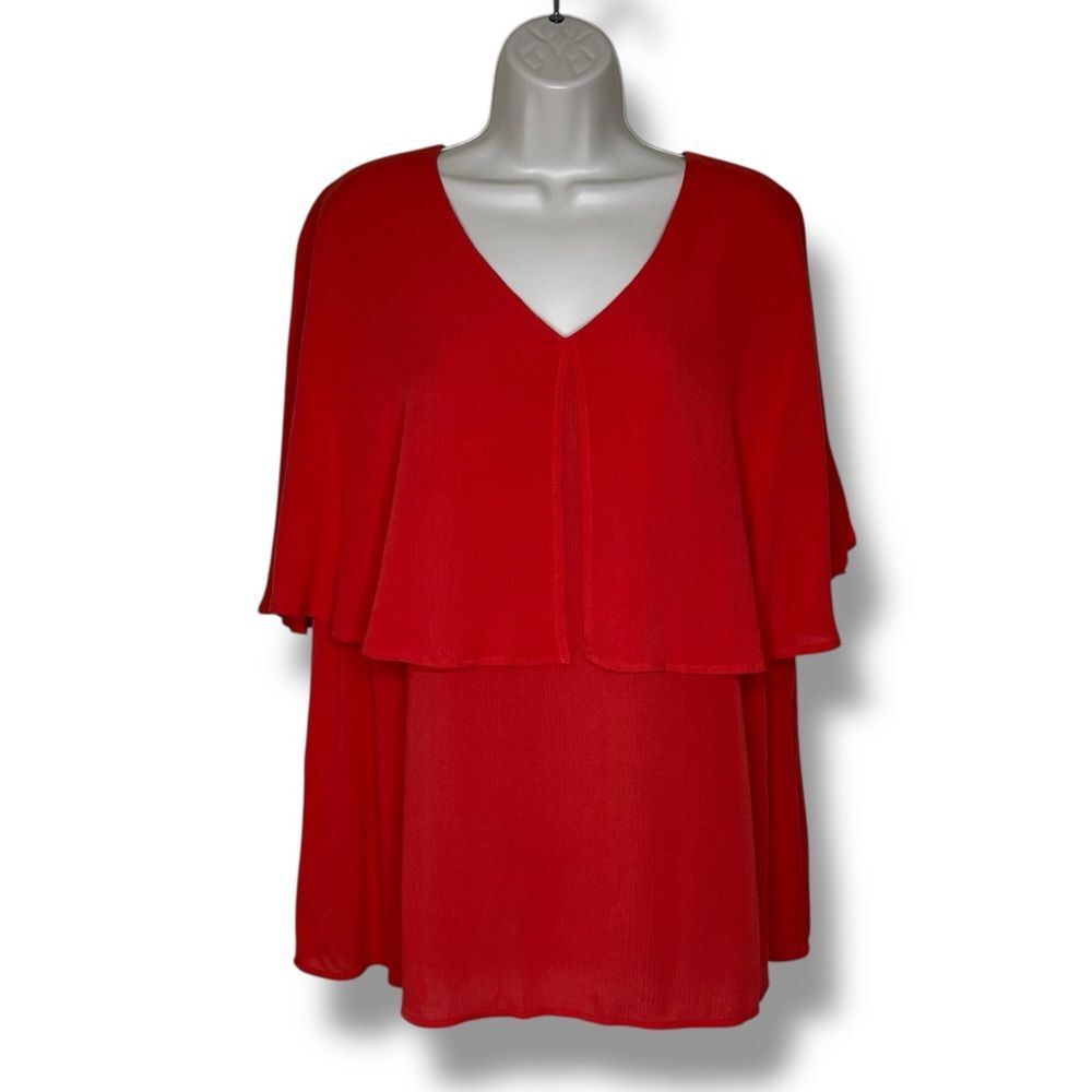 Chicos Crinkle Gauze Flutter Sleeve Capelet Layer Red Orange Blouse Women XL